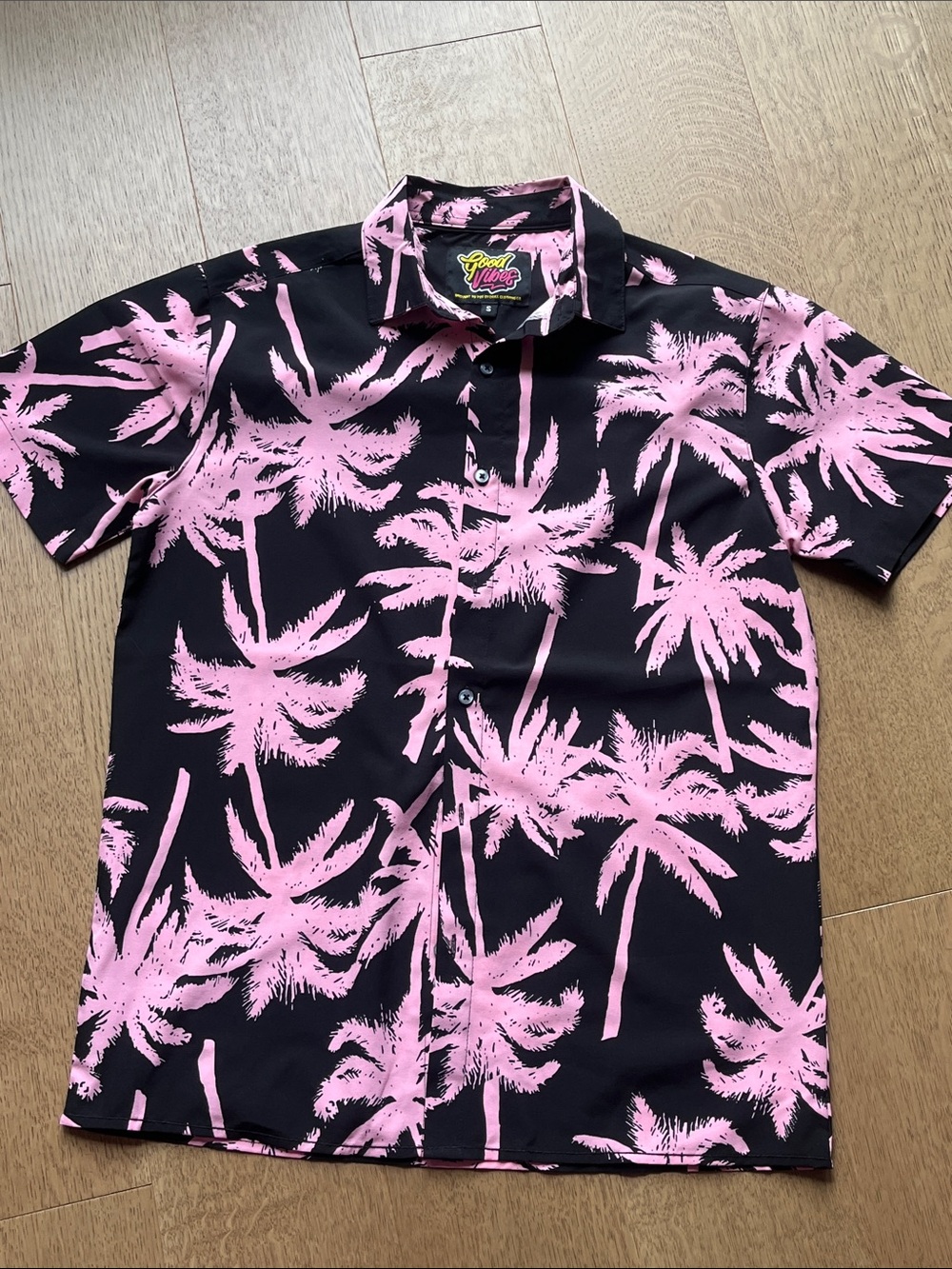 Casual Black & Pink Palm Print Button-Down Shirt